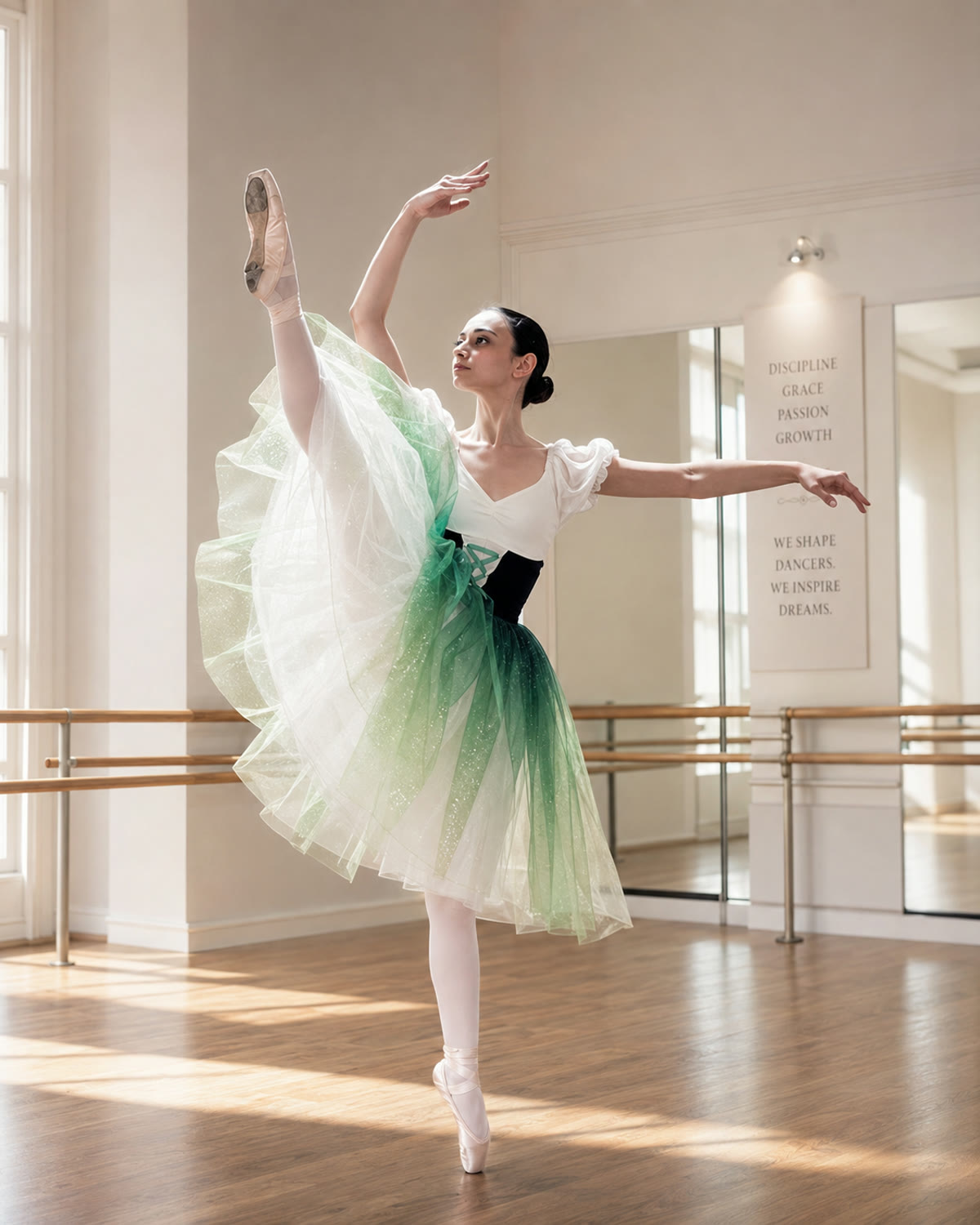 Allieve di danza classica alla sbarra in una sala luminosa di Alice Scuola di Danza